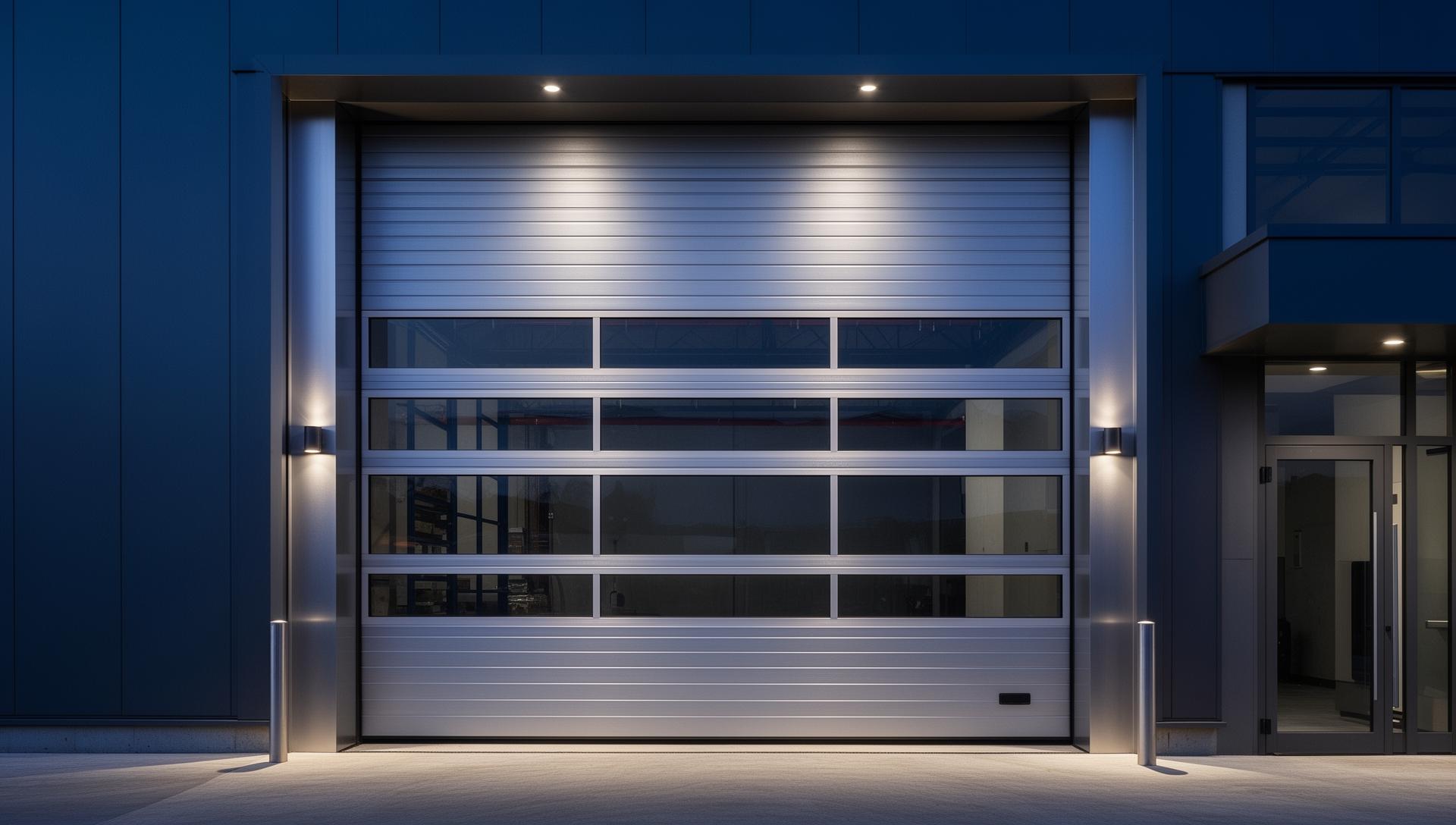 Professional industrial garage door with modern steel panels and automatic opener system